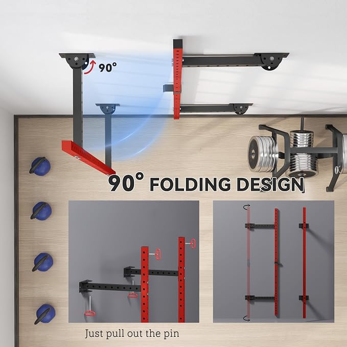 Soozier Folding Squat Rack with Adjustable Pull-Up Bar, 1000 Pounds Capacity Wall Mounted Power Rack, Adjustable Steel Barbell Rack with J Hooks for Home Gym Full Body Workout