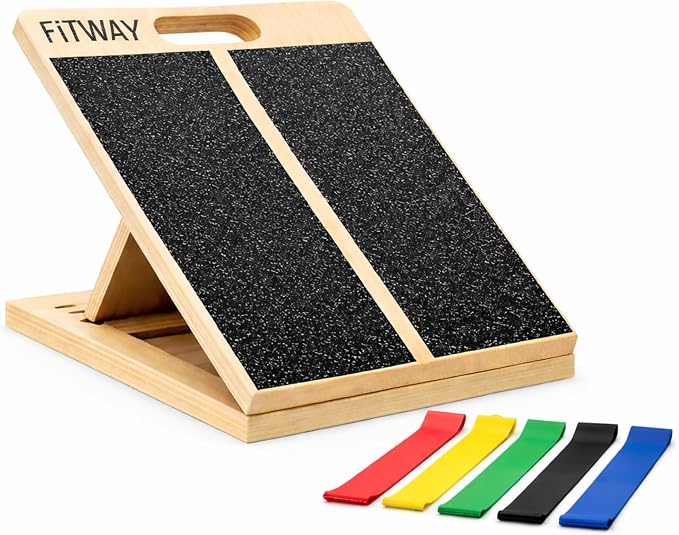 Adjustable Wooden Slant Board for Calf Stretching & Squats 16" x 12– 5-Level Incline Board with Non-Slip Velour Surface & 5 Resistance Bands – Portable Calf Stretcher for Mobility & Rehab