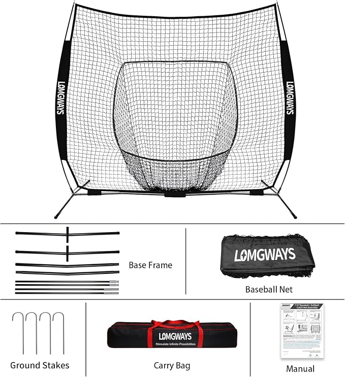 7x7ft/8x8ft Baseball Softball Net with Steel Frame for Batting, Hitting, Pitching, Portable Baseball Batting Net with Carry Bag, Great for All Levels