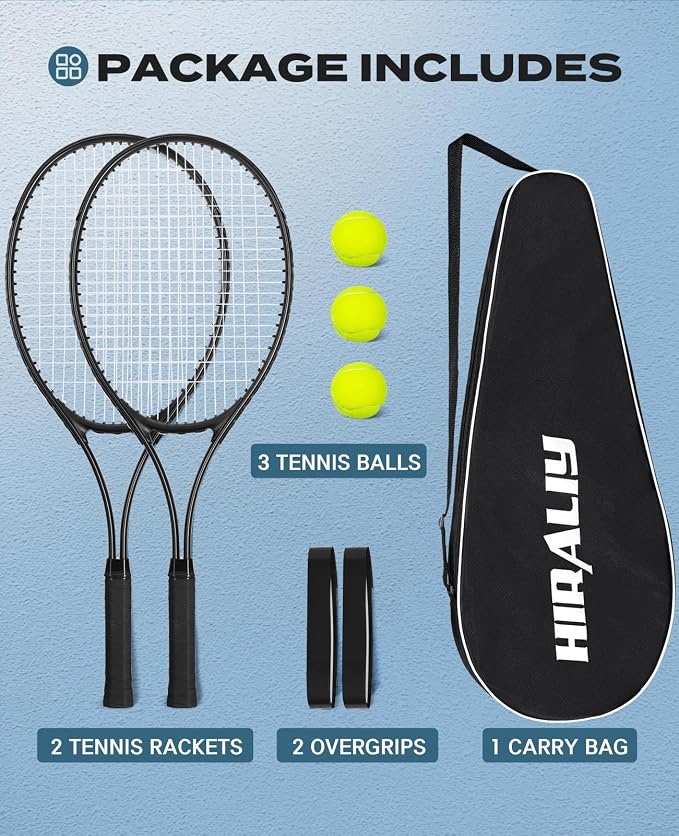 HIRALIY Tennis Rackets 2 Pack for Adults Beginners - 27 Inch Lightweight Aluminum Tennis Racquet Set with 3 Balls & Carry Bag - Vibration Dampening & Large Sweet Spot for Men Women Couples