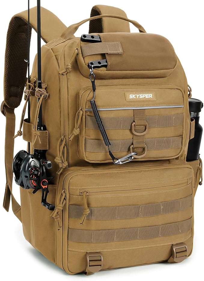 SKYSPER Tackle Backpack Fishing Bags with Rod Holder, 40L Water-Resistant Tackle Box Storage Bag for Fishing Gear Lures(Khaki)