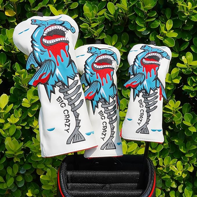 Big Crazy Golf Head Covers, Golf Club Covers Funny, Driver Headcovers, Golf Club Covers, Fairway Woods Head Covers, Hybrids Headcover, Putter Cover with Soft Lining for Golf Gift Hammerhead Sharks