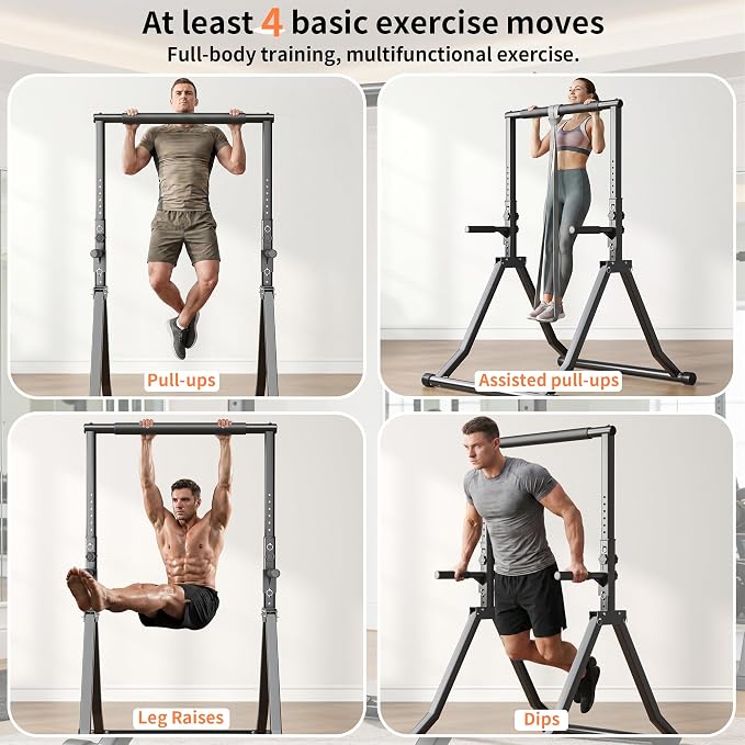 Foldable Power Tower Dip Station for Pull Ups, 58.3"-76.8" 12 Level 700 LBS, Adjustable Dip Handles & Assistance Bands Foldable Home Gym Equipment