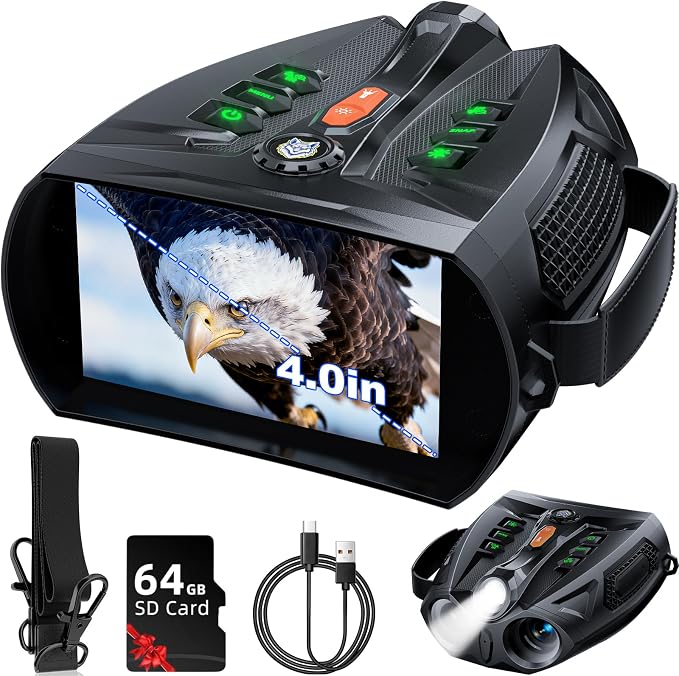 4K Night Vision Goggles, 4.0" HD Screen Night Vision Binoculars with 5000mAh Rechargeable Battery, 64GB TF Card for Photo & Video, Infrared Binocular for Adults, Camping, Wildlife Observation