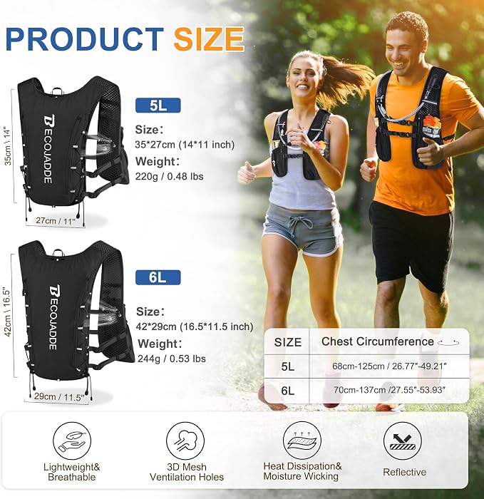 BECOJADDE Running Vest Hydration Backpack for Men Women, 5L Lightweight Running Backpack Hydration Pack for Marathon, Trail, Cycling, Hiking, Jogging