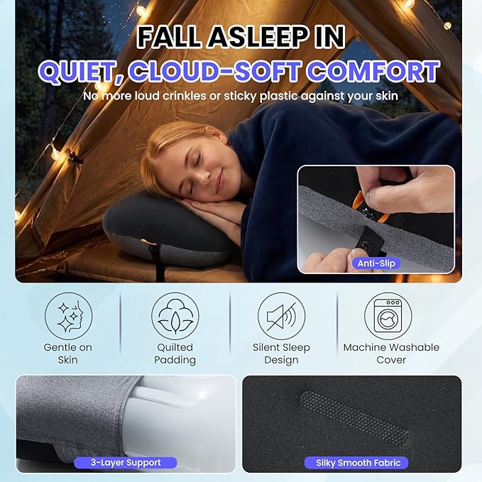 Inflatable Camping Pillow - Ultralight Compact Air Pillow for Travel, Backpacking & Hiking - Ergonomic Neck & Lumbar Support - Portable Inflatable Pillow with Removable Washable Cover - (Black)