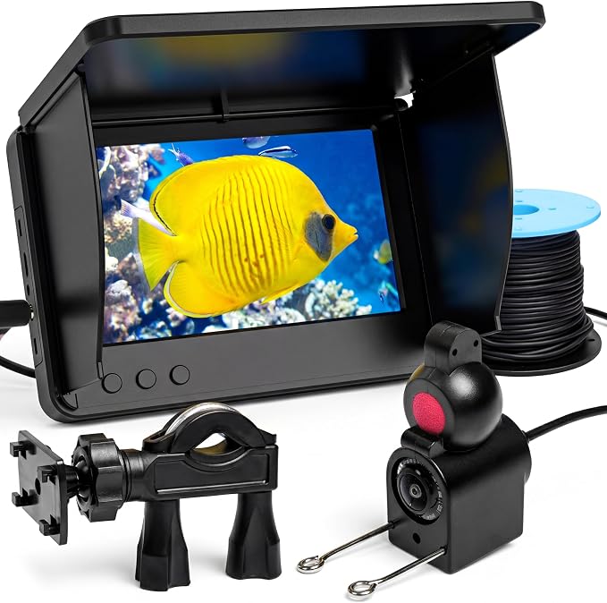 Underwater Fishing Camera with 5" IPS Monitor, 98ft Cable, 12 IR LEDs, IP68 Waterproof, 8000mAh Rechargeable for Ice Fishing, Lake, Dock & Boat Use