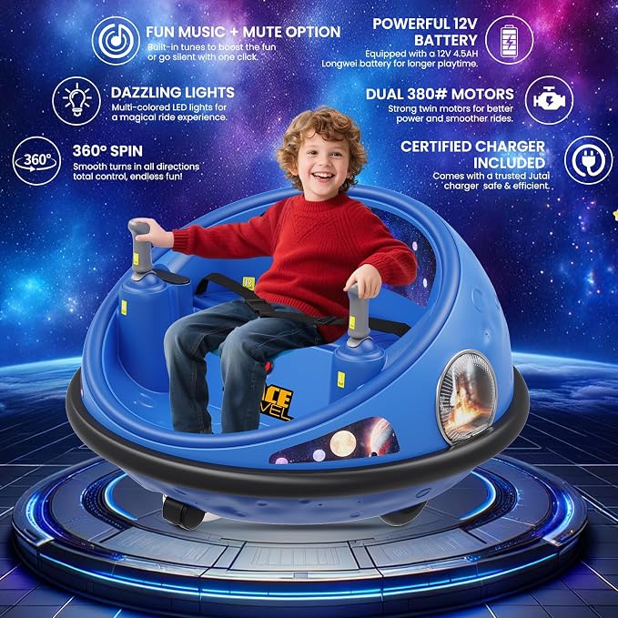 Electric Bumper Car with Remote Control, 360°Spinning Ride-on Vehicle, Rechargeable Indoor Outdoor Kid Car with LED Lights & Soft Bumper–Fun Gift (Blue)