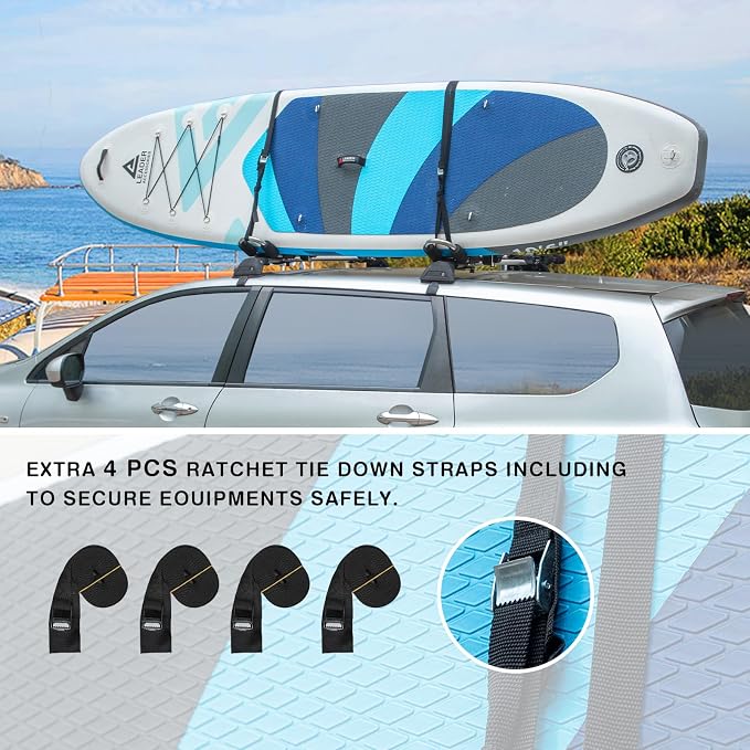 Leader Accessories Stainless Steel Folding Kayak Rack 4 PCS/Set J Bar Car Roof Rack for Canoe Surf Board SUP On Roof Top Mount on SUV, Car and Truck Crossbar with 4 pcs Tie Down Straps