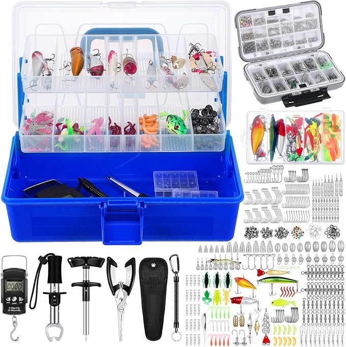 Seenelling 466 Pcs Fishing Tool Kit with 3 Complete Fishing Tackle Box with Tackle Included, Lures Hooks Sinkers Hook Remover Tool Accessories Pliers Gear and Equipment Gifts for Bass Trout Salmon