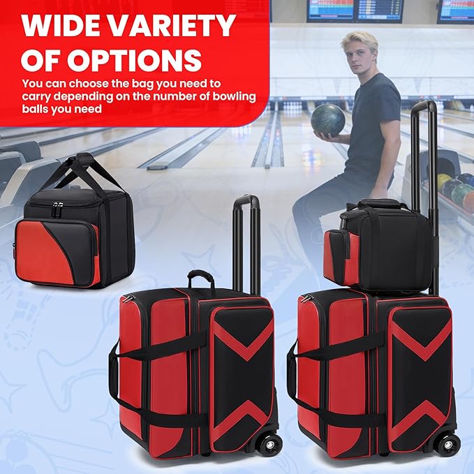 3 Ball Bowling Bag with Wheels, Rolling Bowling Bag 3 Ball Roller with Multi-pocket & Shoe Compartment (Up To US Men Size 16), 2 Ball Bowling Roller Bag PLUS 1 Ball Tote
