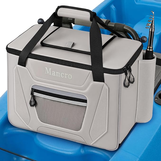Mancro Kayak Cooler Behind Seat, 24 Cans Kayak Fishing Accessories for Lawn Chair Seat, Leakproof Cooler for Kayak with Quick-Access Top Hatch and Fishing Rod for Kayaking, Beach, Picnic