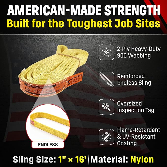 DD Sling 1" x 16' Nylon Endless Lifting Sling – USA Made, 6,400 lb Vertical, 5,100 lb Choker, 12,800 lb Basket – 2 Ply Heavy Duty 900 Webbing, Type 5 Endless Rigging Sling