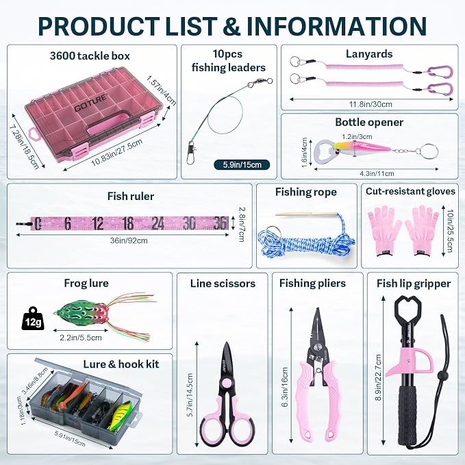GOTURE Pink Fishing Tackle Box Set, Fishing Kit，12-in-1 Tackle Box Set with Stainless Steel Tools，Lures, Fishing Gift for Women & Beginners (Gift Ready)