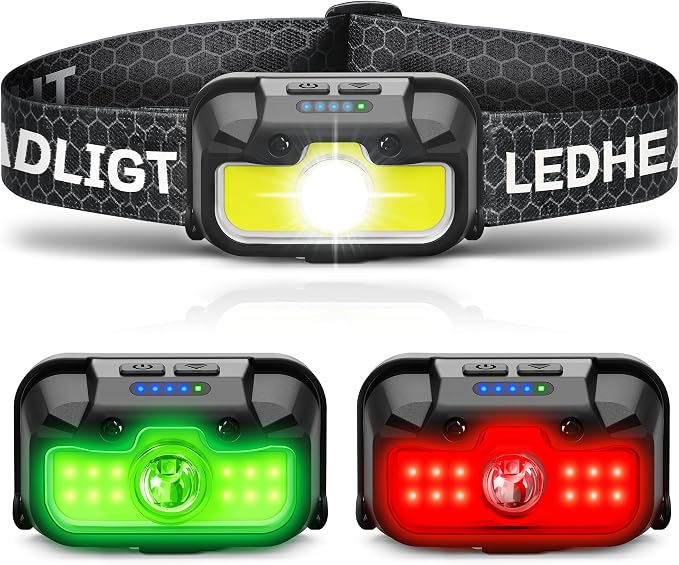 HOKOILN LED Headlamp Rechargeable with Green & Red Light -1300 Lumen Ultra-Bright Flashlight Headlight for Camping, Running, Hiking, Fishing - Waterproof with 7 Modes