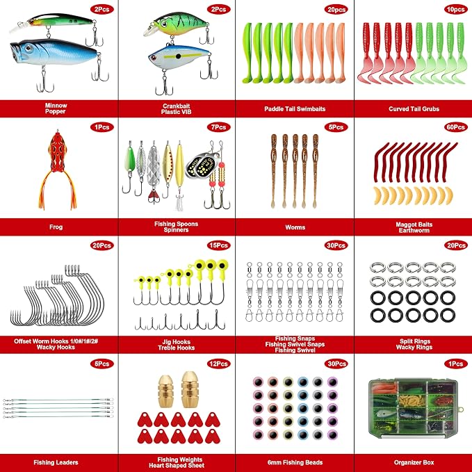 GOTOUR 128/209/240/265pcs Fishing Lures Kit with Tackle Box, All-in-1 Fishing Accessories Gear Set with Soft Lure, Minnow, Crankbait, Hooks, Sinkers, and Terminal Tackle Kit, Fishing Gifts for Men