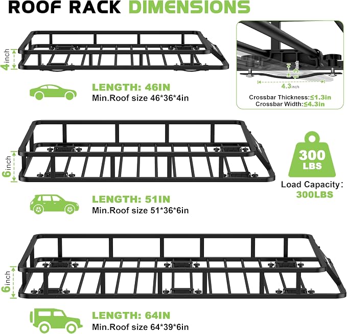 Roof Rack Basket 51" x 36" Heavy Duty Roof Cargo Basket 300 lbs Capacity Steel Roof Basket Vehicle Cargo Rack Luggage Holder Rack for SUV Truck Car Travel Camping Storage