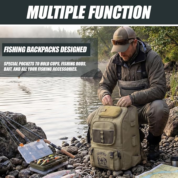 Fishing Tackle Backpack with Rod Holders, Gift for Fishermen Fishing Lovers, 40l Water Resistant Tackle Storage Bag with Adjustable Compartments, Large Capacity