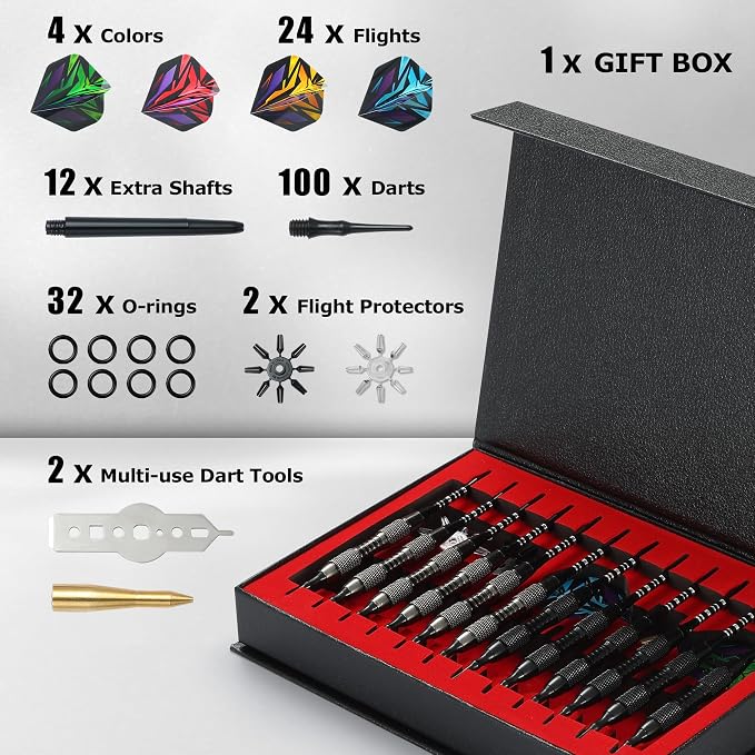Soft Tip Darts Set with Gift Box Dart Case Professional Darts Plastic Tip with 100 Dart Tips 12 Shafts 24 Flights Tool Kit Flight Protectors for Electronic Dart Board