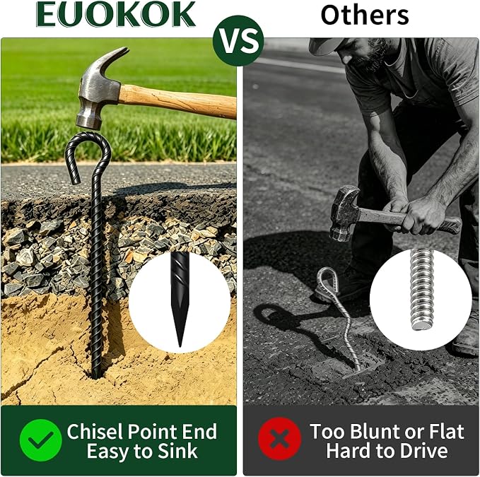 16 Inch Rebar Stakes 1/2" Diameter 12 Pack Heavy Duty Tent Stakes with Loop | Ground Anchors for Camping Canopy, Tent, Trampoline, Garden Tree Support, Holiday Decor, Dog Tie Out, Black