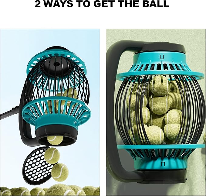 Tennis Ball Collector Roller with Adjustable Handle, No-Bend Quick Rolling Picker for Tennis Court, Quick-Tip Ball Release for Fast Emptying, Large Hopper Holds 20+ Tennis Balls Save Time & Your Back