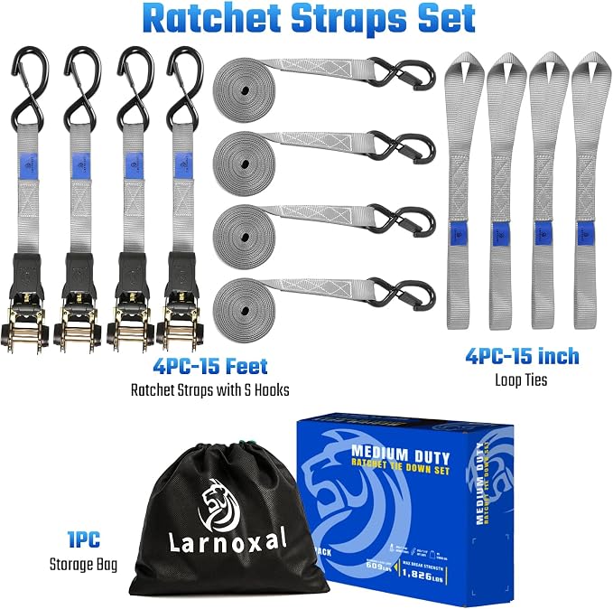 Ratchet Straps 4 Pack - 1,826 Lbs Break Strength 1 in x 15 Ft Medium Duty Ratchet Tie Down Straps with S Hooks Set for Truck, Cargo Van, Trailer, Motorcycle (Grey)