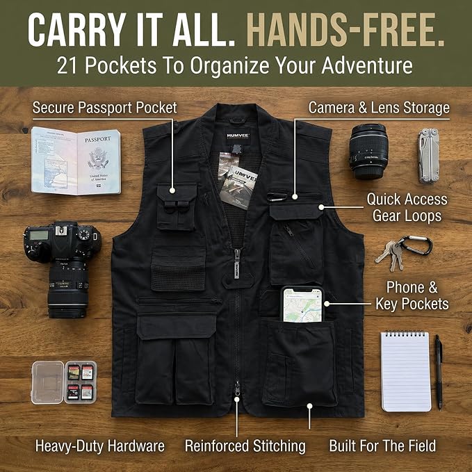 Humvee Utility Vest with 21 Pockets -Travel, Safari, Hunting, Camping, 100% Cotton, Tactical Jacket for Men & Women
