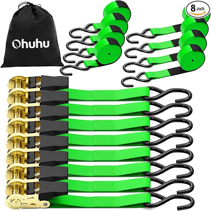 Ratchet Tie Down Strap 8-Pack 15 Ft - 500 lbs Load Cap with 1500 lbs Breaking Limit, Ohuhu Ratchet Tie Downs Logistic Cargo Straps for Moving Appliances, Motorcycle, Green