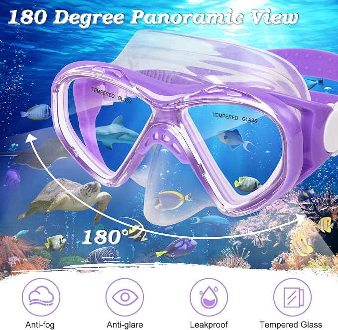 2 Sets Snorkeling Gear for Kids, Kids Snorkel Set for Ages 6-14, Dry Top Snorkel Mask Set for Youth Boys Girls Junior, Tempered Glass Diving Swimming Mask Goggles