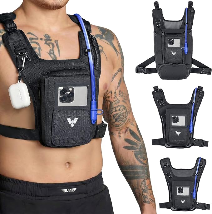 Elite Hydra Running Chest Pack w/ Gun Holster, Phone Holder Touch Friendly, Camera Pocket for Men/Women Lightweight Hydration Vest Chest Rig w/ Water Bladder for Marathon, Cycling, ADV Camping, Skiing