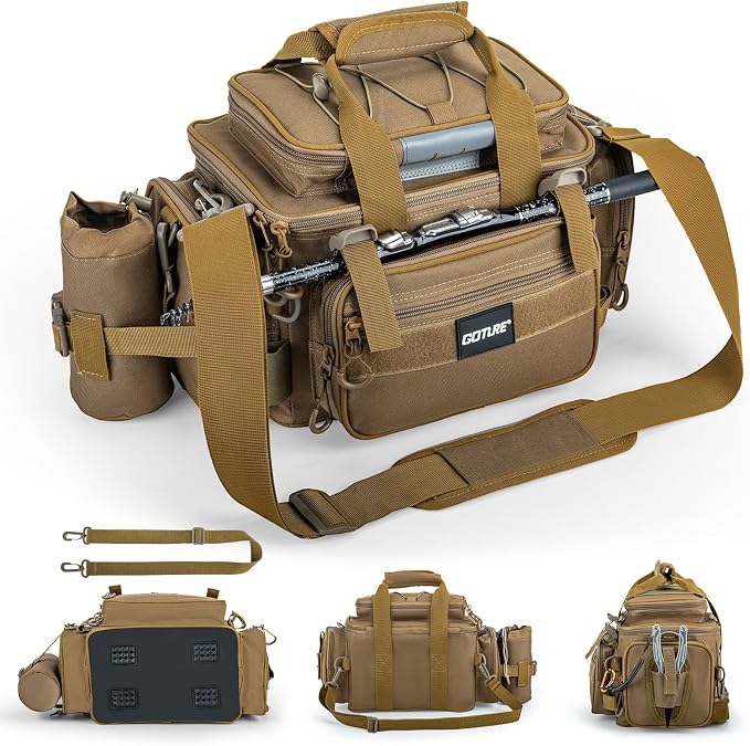 Goture Fishing Tackle Bag, 600D Water-Resistant Soft Side Crossbody Sling Bag with Rod Holder,Small Gear Storage Tactical Bags for Saltwater & Freshwater,Fits 4 3600 Tackle Boxes (Not Included)