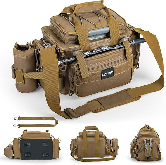 Goture Fishing Tackle Bag, 600D Water-Resistant Soft Side Crossbody Sling Bag with Rod Holder,Small Gear Storage Tactical Bags for Saltwater & Freshwater,Fits 4 3600 Tackle Boxes (Not Included)