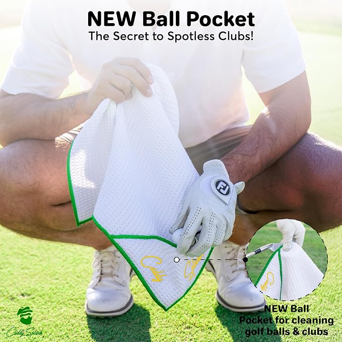 Caddy Splash Pocket Mag Towel – Magnetic Microfiber Golf Towel with Ball Pocket, Ultra-Absorbent & Durable, Strong Magnet & Carabiner for Easy Bag Attachment – The Ultimate Golf Towel-Green/Yellow
