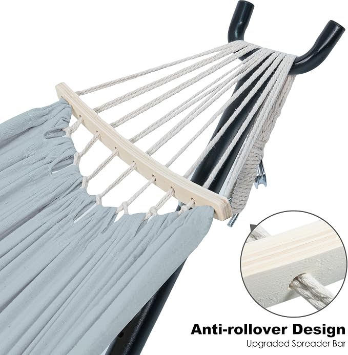 Gafete Double Hammock with Stand for Outside, Upgraded Spreader Bar, Heavy Duty Space Saving Steel Stand 2 Person, Side Pockets, Easy Assembly, 600lbs Weight Capacity, Indoor & Outdoor (Light Grey)