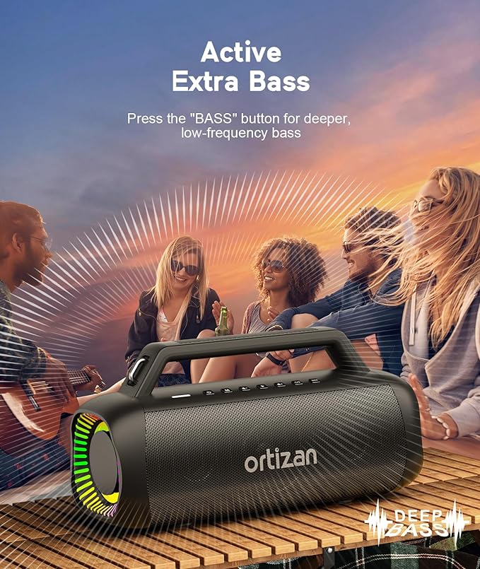 Ortizan 80W Speakers Bluetooth Wireless Loud with Bass, 24H Playtime, IPX7 Waterproof, Bluetooth 5.3, TWS Pairing, Large Outdoor Speaker with Lights, Portable for Garage, Camping and Beach - Black