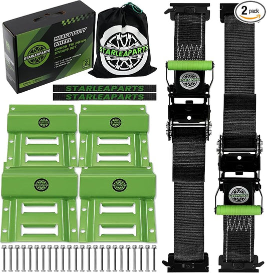 Heavy Duty Wheel Chock Tie Down Straps Set (2PK) - 4,400lb Guaranteed Max Break Strength, (2) 2" x 8' Trailer Tire Straps with (4) Wheel Chocks for ATV, UTV or Tractors