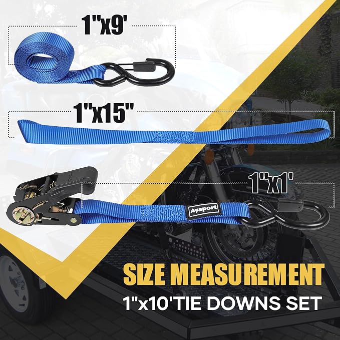 Ayaport Ratchet Straps Tie Downs, 1" x 10' Heavy Duty Ratchet Tie Down Straps, 1860lbs Break Strength, Larger Open S Hook W Safety Clip, Ratchet Strap for Motorcycle, Cargo, Truck Bed, Moving