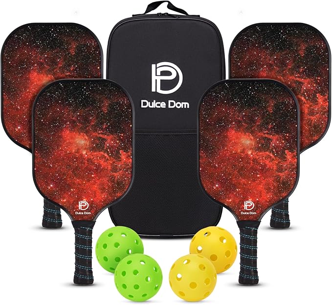 Dulce DOM Pickleball Paddles Set of 2/4 - USAPA Approved, 4 Indoor Outdoor Pickleball Balls, Fiberglass Surface Paddle Racket with Cover Bag, Ideal Training Equipment Gift for Men & Women