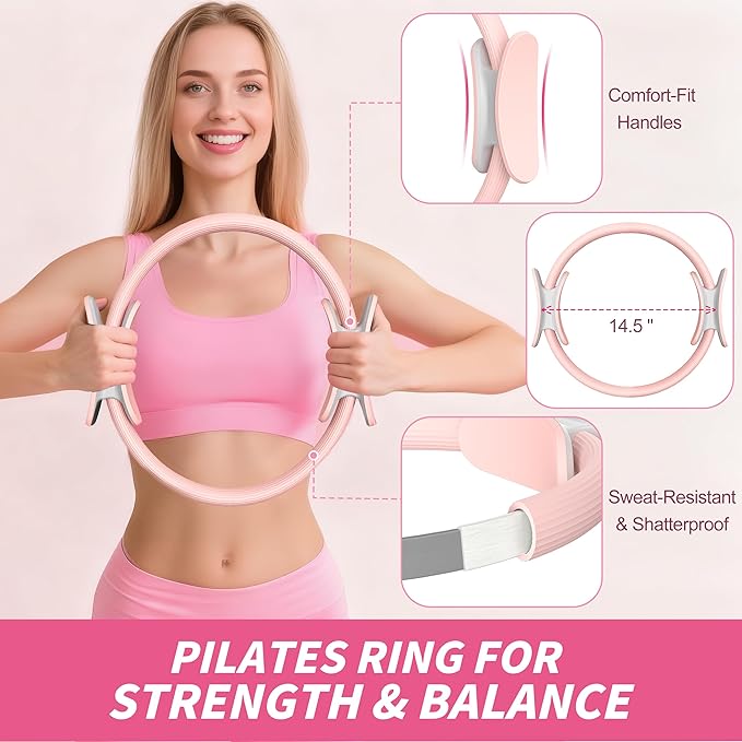 NANATI Pilates Kit, Home Pilates Workout Kit for Women, Pilates Equipment with 14.5" Pilates Ring and Ball, Resistance Bands, Dumbbells & Grip Socks for Home Workouts