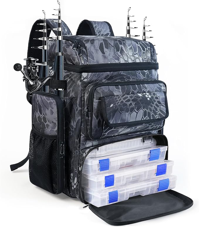 Fishing Tackle Backpack With Rod Holders, 45L Large Tackle Bag & Fishing Tackle Backpack,Cellular Pattern Color