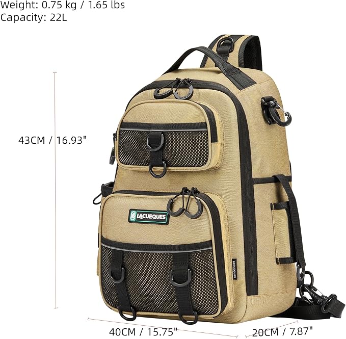 22L Wading Fishing Tackle Sling Bag, Holds 3x 3700 Boxes, Tan | Hands Free Lure Casting, Large Crossbody Shoulder Backpack with Rod Holder, Water Bottle Holder, 12 Heavy Duty D Rings