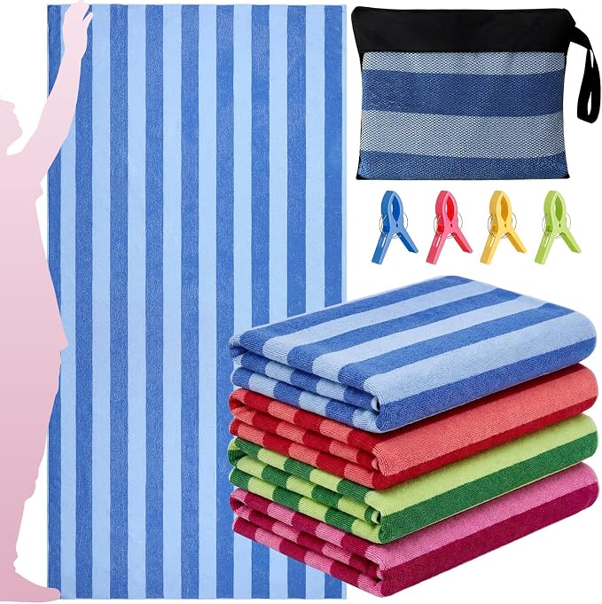 Gilprop 4 Packs Oversized Stripe Beach Towels XL L Microfiber Clearance Pool Towels with Bags Clips Soft Absorbent Quick Dry Camping Swim Towel for Adult Women Men Travel Family (72×36 in,Multicolor)