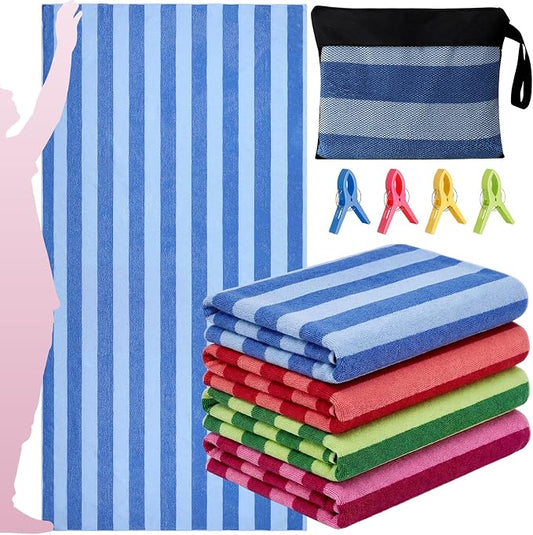 Gilprop 4 Packs Oversized Stripe Beach Towels XL L Microfiber Clearance Pool Towels with Bags Clips Soft Absorbent Quick Dry Camping Swim Towel for Adult Women Men Travel Family (72×36 in,Multicolor)