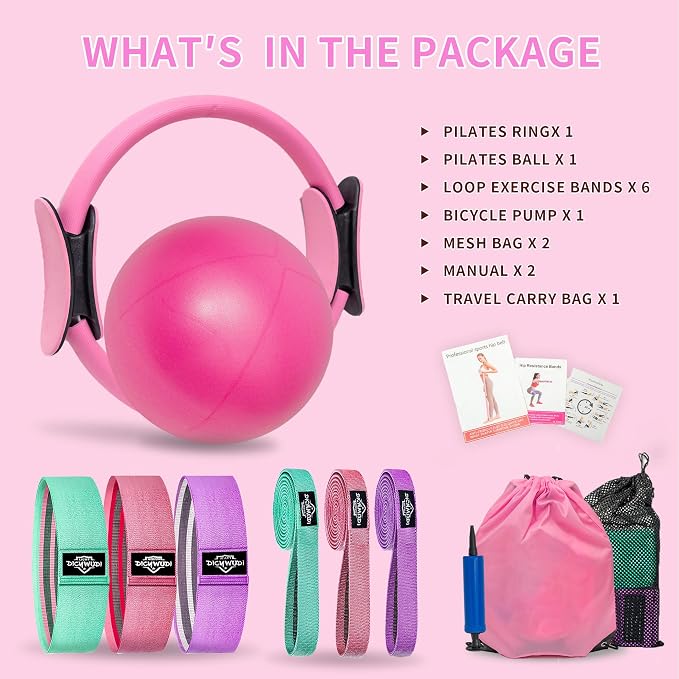 DICYWUDI Pilates Essentials Kit for Home Women, Pilates Equipment for Workouts, 6 Fabric Resistance Bands, 12 Inch Magic Circle Yoga Ring, Mini Exercise Ball, Great Exercise Equipment