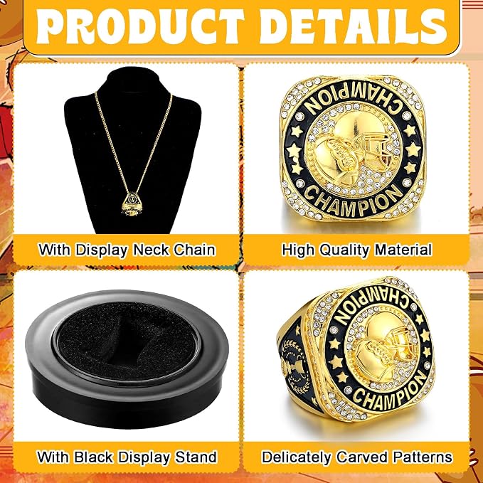 Highergo 1 PC Champion Mvp Rings Baseball Soccer Basketball Volleyball Football Softball Trophy Ring with Display Stand and Neck Chain Size 11 for Winner Tournament Award Gift(Baseball)