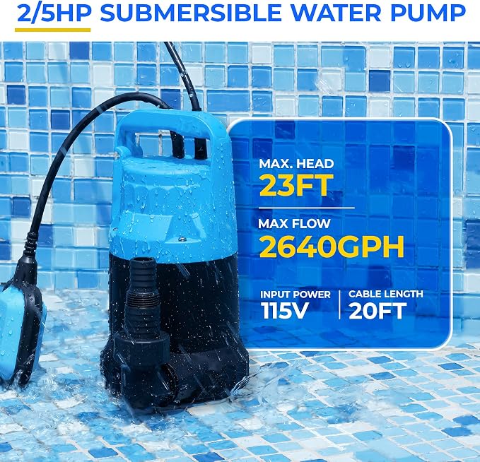 Automatic Water Pump, 2250GPH Sump Pump Submersible Basement Portable Electric Utility Water Pump Removal for Pool Draining Basement Hot Tubs Garden Pool Cover Pond, Blue