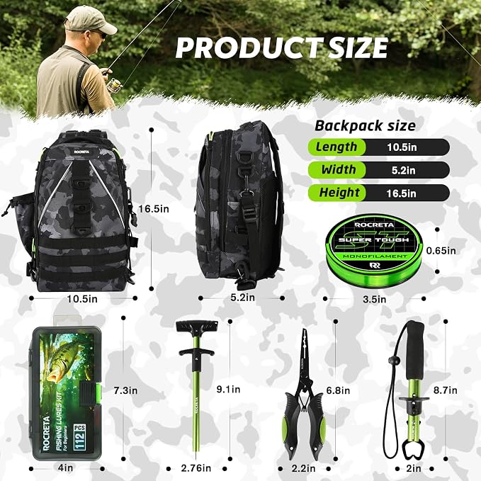 Fishing Backpack with Tackle Boxes,Fishing Lure Kit and Tool | Waterproof Fishing Tackle Bag With Rod Holder, Sling Backpack wtih Fishing Gear, Fishing Gifts for Men Woman Anglers