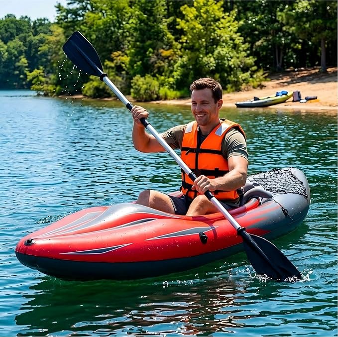 9 ft Inflatable Kayak, 1-Person Foldable Fishing Boat, 220 lb Capacity, Includes Aluminum Oars, High Output Pump, Adjustable Seat, Removable Fin, Cargo Net for Adults, Lakes & Rivers