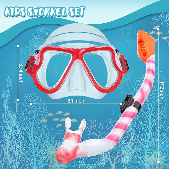 Snorkeling Gear for Kids, 4 in 1 Child Mask Fins Snorkel Set with Panoramic View Anti Fog Mask, Dry Top Snorkel, Trek Fins and Travel Bag, Kids Snorkeling Set with Fins for Snorkeling Swimming
