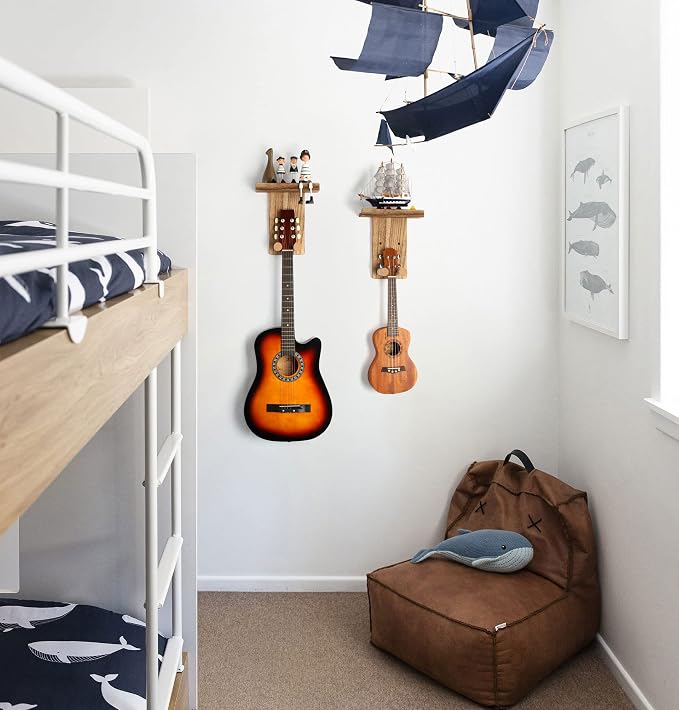Keebofly Guitar Wall Mount Hanger with Rustic Wood Shelf- Single Pack, Wall Hook Rack for Acoustic/Electric Guitars, Bass & Ukulele, (Brown,Patented)